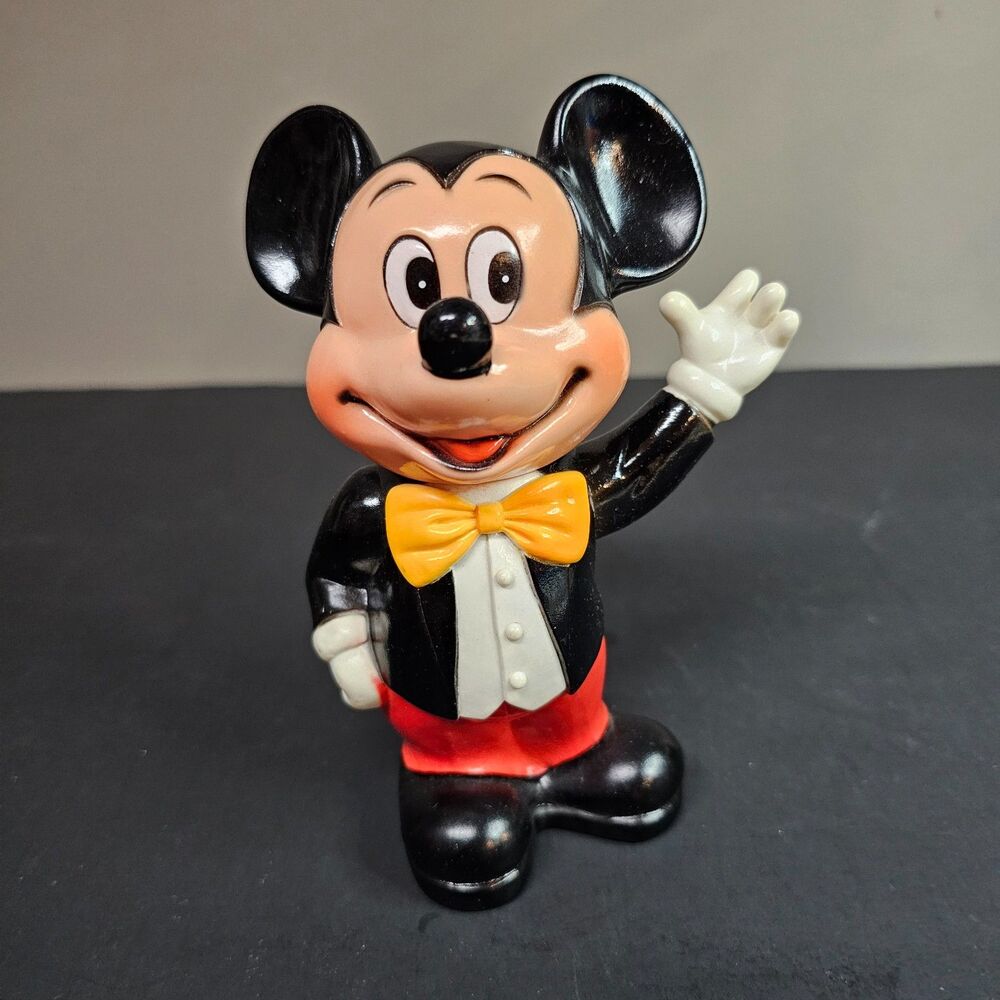 Vtg 1970s Mickey Mouse Coin Bank Walt Disney World Waving Bow Tie 6.25"